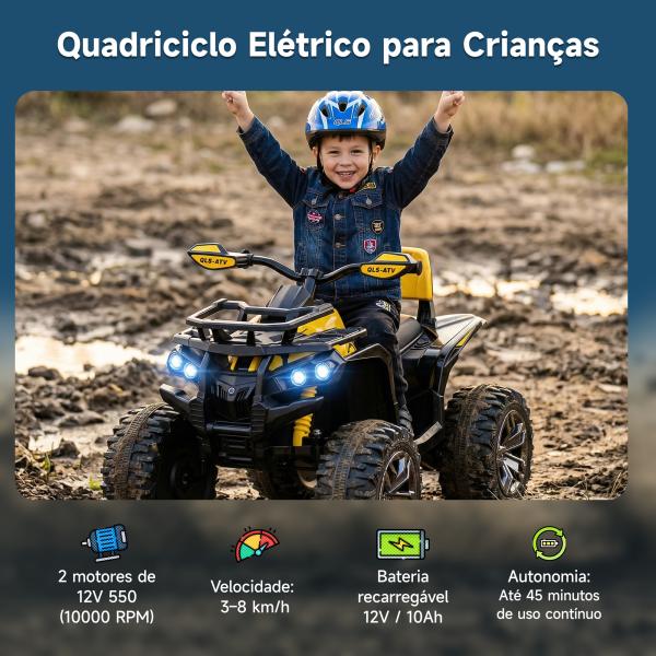 Quadriciclo Elétrico 12V com Farol Música Pneus Suspensão Botões Avance Retrocesso 3 - 5 Anos Amarelo 100x65x73cm