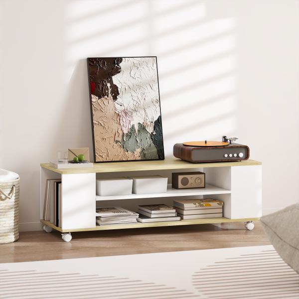 Móvel para TV com Rodas Armário para TV Flutuante com 2 Portas e 2 Prateleiras 120x40x38,5cm Branco e Madeira