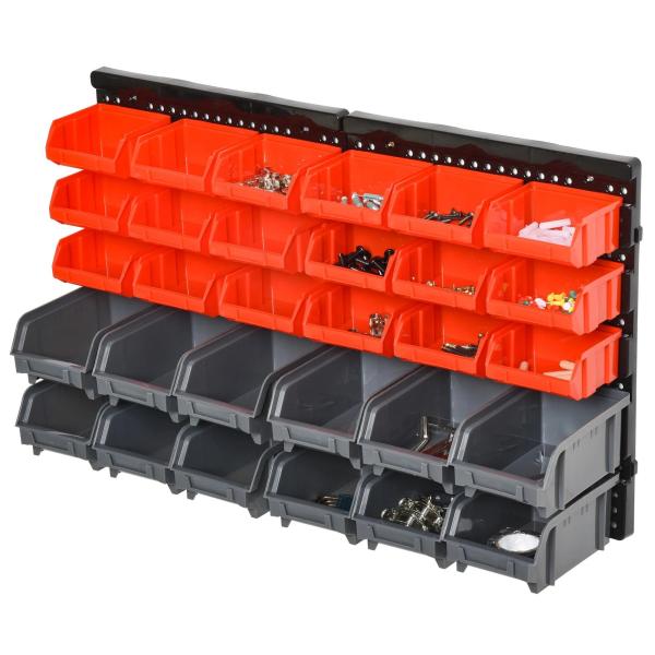 Organizador de Ferragens para Parede com 30 Caixas de 2 Tamanhos Diferentes 37,5x18x63 cm Vermelho e Cinza