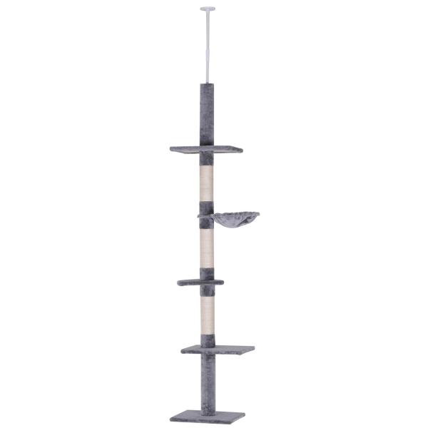 Árvore Arranhadora para Gatos Arranhador para Fixar ao Teto Altura Ajustável com Plataformas Poste de Sisal 40x34x230 - 260cm Cinza