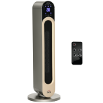 Aquecedor Cerâmico de Torre 1100/2200W com Controlo Remoto Ecrã LED Temporizador de 12h Termostato 3 Modos Ø25x73,5 cm Prata