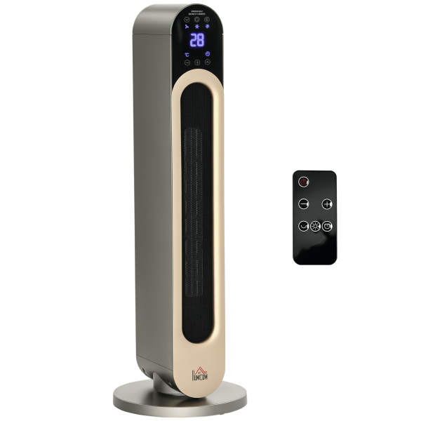 Aquecedor Cerâmico de Torre 1100/2200W com Controlo Remoto Ecrã LED Temporizador de 12h Termostato 3 Modos Ø25x73,5 cm Prata