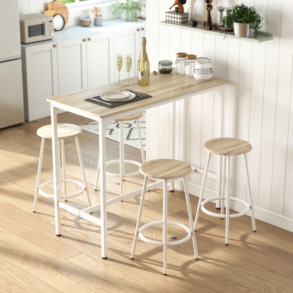 Conjunto de Móveis Altos de Bar com 5 Peças Mesa de Refeição Industrial e 4 Bancos Redondos Madeira e Branco