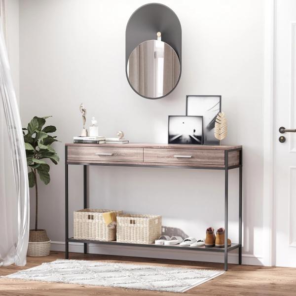 Mesa Tipo Consola de Estilo Industrial com 2 Gavetas e Prateleira Inferior 120x30x81,5cm Carvalho e Preto