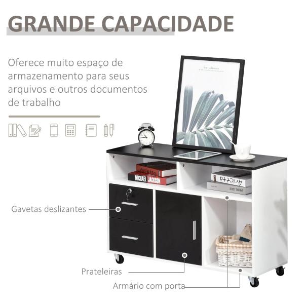 Móvel Auxiliar de Escritório Móvel Arquivador com Rodas Prateleiras Gaveta e Armário Multiuso com Grande Armazenamento 100x35x65cm Preto e Branco