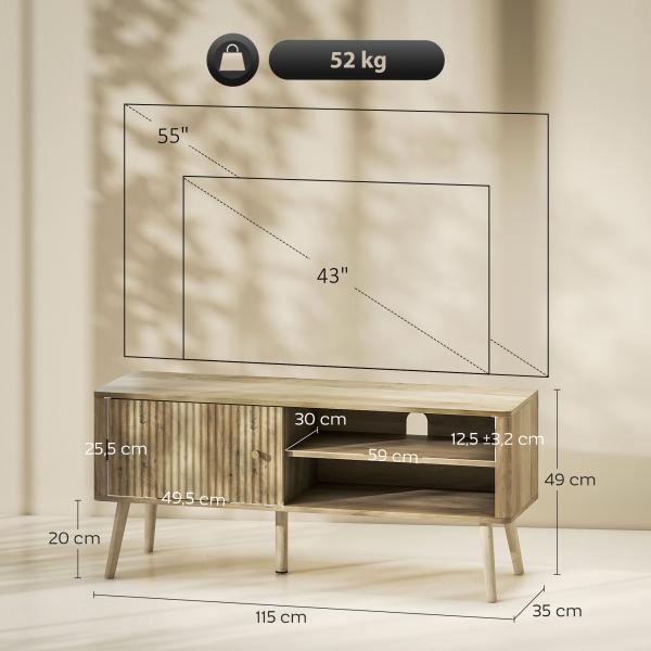 Móvel de TV para Televisão até 55 Polegadas com Porta Acanalada Prateleira Ajustável Compartimentos Abertos 115x35x49 cm Carvalho