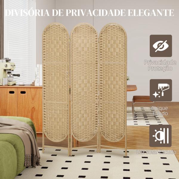 Biombo Separador de Ambientes 3 Painéis 120x170 cm Painel de Privacidade Dobrável Boémio com Topo Arqueado Entrançado à Mão Madeira