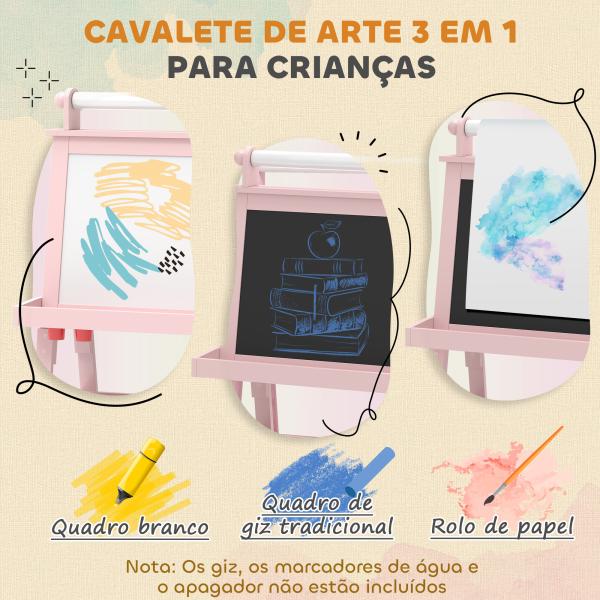 Cavalete de Pintura Infantil 3 em 1 Quadro Dupla Face com Rolo de Papel e Cestos de Arrumação Rosa