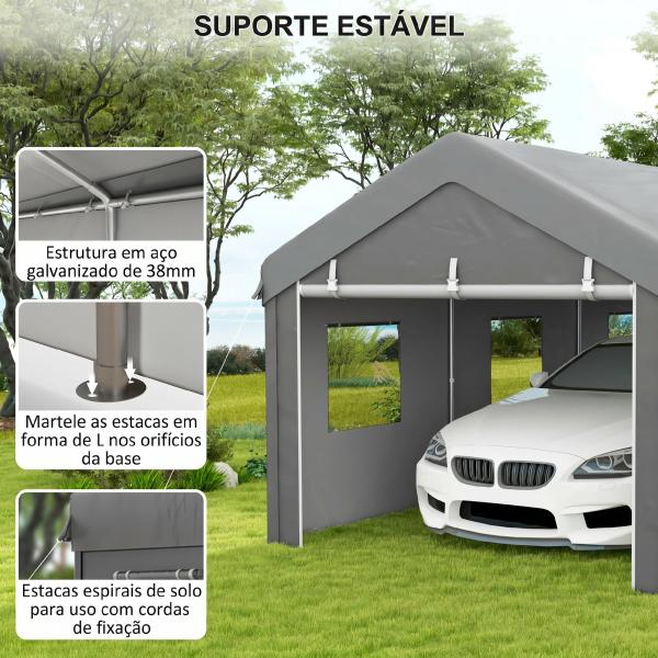 Tenda Garagem 295x600x278 cm Tenda de Exterior Resistente com 2 Portas Enroláveis e 6 Janelas Cinzento