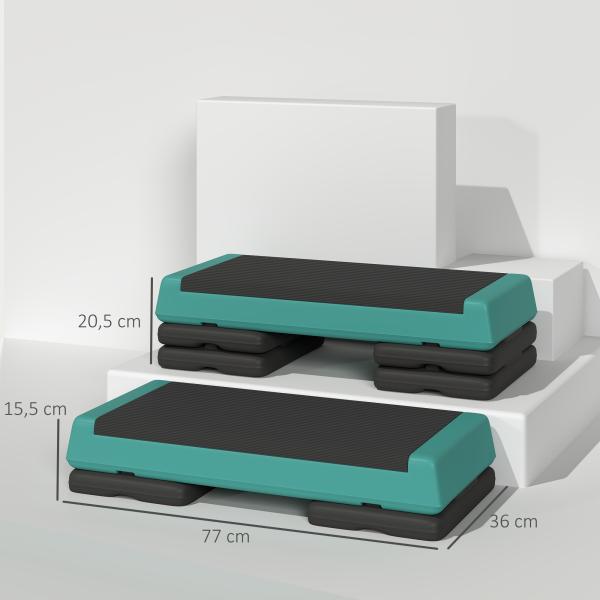 Step para Fitness Antideslizante Altura Regulável 3 Níveis de 10,5/15,5/20,5 cm Capacidade 250 kg 77x36x20,5 cm Verde e Preto