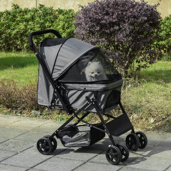 Carrinho para Animais de Estimação Dobrável Carro para Cães e Gatos com Capô Ajustável Cesta de Armazenamento Cinto de Segurança Tecido Oxford 600D Aço 76,5x52x95cm Cinza