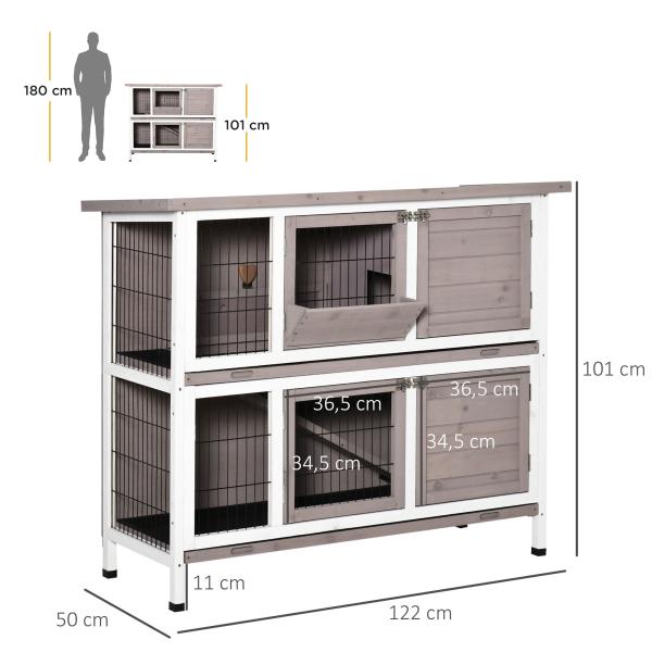 Coelheira de Madeira Exterior de 2 Níveis Gaiola para 1 - 2 Coelhos com Telhado com Abertura Comedouro Bandejas Removíveis Rampa e Portas com Fechadura 122x50x101cm Cor Areia