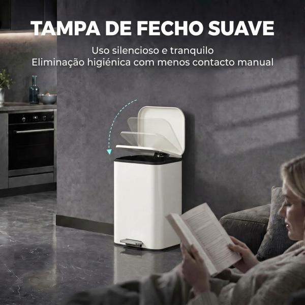 Caixote do Lixo de Cozinha 20 L em Aço Galvanizado com Tampa de Fecho Suave Pedal Balde Interior Amovível e Acabamento Anti - impressões Digitais Creme