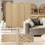 Biombo Separador de 4 Painéis 160x170 cm Painel de Privacidade Dobrável Boémio com Topo Arqueado Entrançado à Mão Madeira