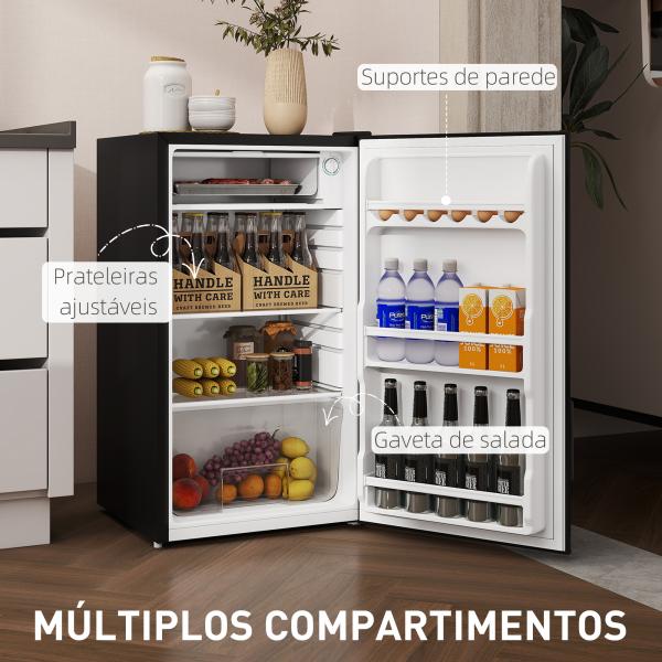 Frigorífico Pequeno com Congelador 91L Silencioso Porta Reversível Temperatura Regulável e Prateleiras Ajustáveis Preto
