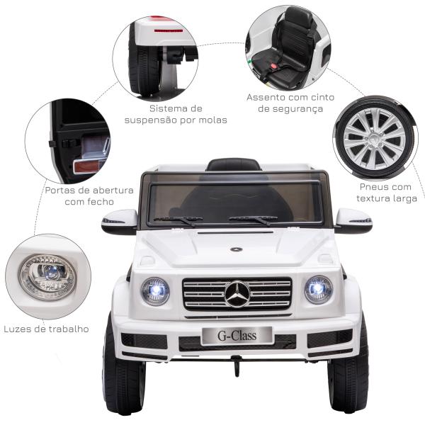 Carro Elétrico BENZ G500 Todo - o - Terreno com Bateria 12V Veículo Elétrico com Música Buzina Velocidade 3 - 5 km/h Branco