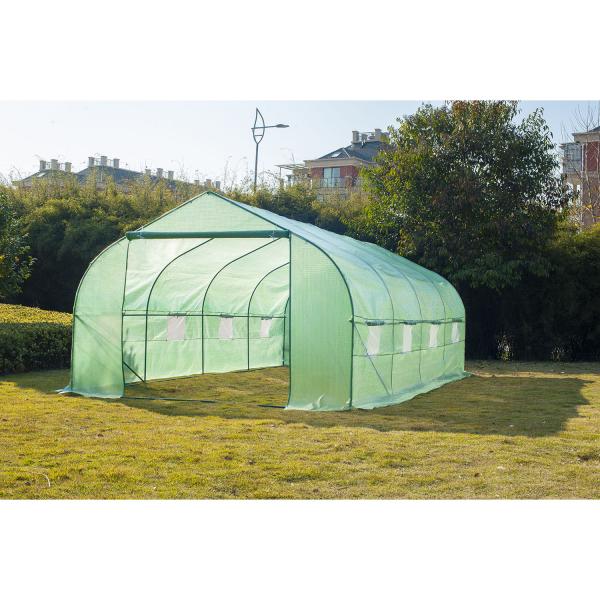 Estufa Tipo Túnel de Jardim 600x300x200cm para Cultivo de Plantas Verduras com 8 Janelas e Porta Enroláveis com Zíper Aço Verde