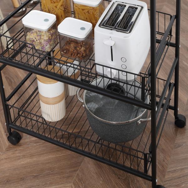 Carrinho de Cozinha com Rodas Carrinho Auxiliar de 3 Níveis com 2 Cestas e 4 Ganchos 60x38x85,5 cm Castanho Rústico