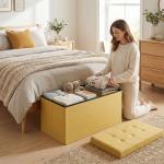Puff de Arrumação Banco de Arrumação Dobrável 84 L 76x38x38 cm Estofado em Linho Sintético Amarelo