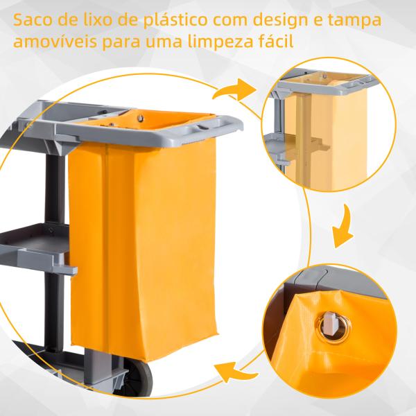 Carro de Limpeza com Bolsa de 100L Carro de Limpeza Profissional com 3 Prateleiras e Plataforma 121x50,5x96,5 cm Cinza e Amarelo