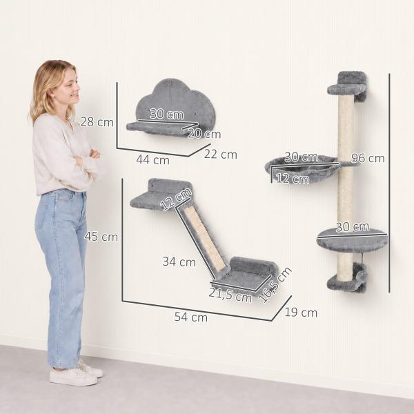 Conjunto de Prateleiras de Escalada para Gatos de 3 Peças com Rede Rampa Arranhador Plataforma em Forma de Nuvem para Saltar Cinzento