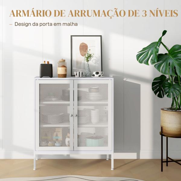Aparador de 3 Níveis com Portas de Malha e Prateleira Ajustável Aparador de Cozinha Moderno para Sala 80x37x92 cm Branco