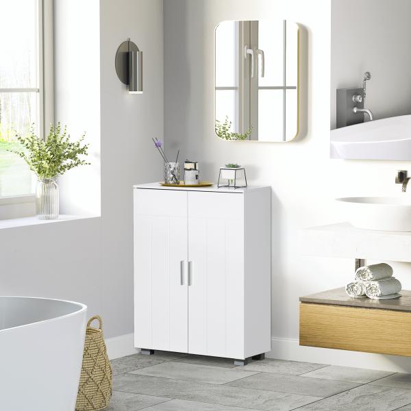 kleanklin Armário de Casa de Banho com 2 Portas e 2 Prateleiras Ajustáveis em 7 Níveis Móvel Auxiliar de Armazenamento para Sala de Estar Cozinha 60x30x80cm Branco