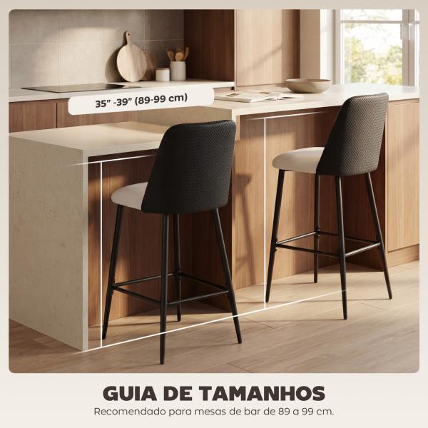 Conjunto de Bancos Altos de Cozinha com Encosto e Descanso para os Pés Revestidos em Linho e PU Estrutura de Aço Preto