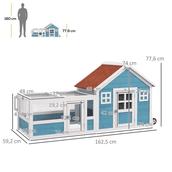 Coelheira Exterior de Madeira 162,5x59,2x77,6 cm Gaiola para Coelhos Grande com 2 Janelas Rodas Rampa e Teto Asfáltico Azul