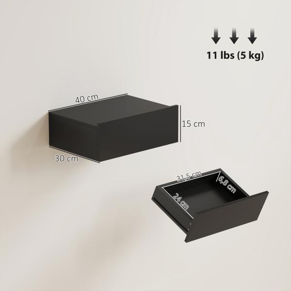 Conjunto de 2 Mesas de Cabeceira Flutuantes com 1 Gaveta para Quarto 40x30x15 cm Preto