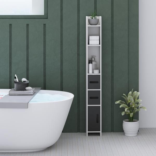 Coluna Casa de Banho com 3 Portas e 3 Prateleiras Abertas Coluna Auxiliar Estilo Moderno 15x17x120 cm Branco e Preto