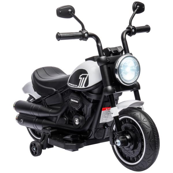 Motocicleta Elétrica para Crianças de 18 - 36 Meses com Bateria 6V Farol e Rodas Auxiliares Removíveis 76x42x57 cm Branca