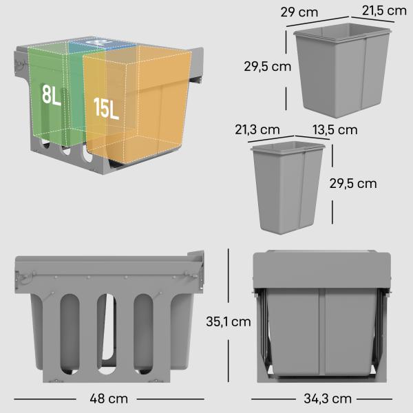 Balde de Lixo Embutido com 3 Recipientes Removíveis Capacidade Total 31L (15L+8Lx2) 48x34,3x35,1 cm Cinzento Claro