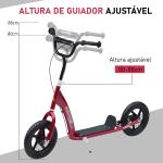Trotinete para Crianças acima de 5 anos Scooter de 2 Rodas Grandes de 12 Polegadas com Freio e Guidão Ajustável em Altura Carga Máx. 50kg 120x52x80 - 88cm Vermelho