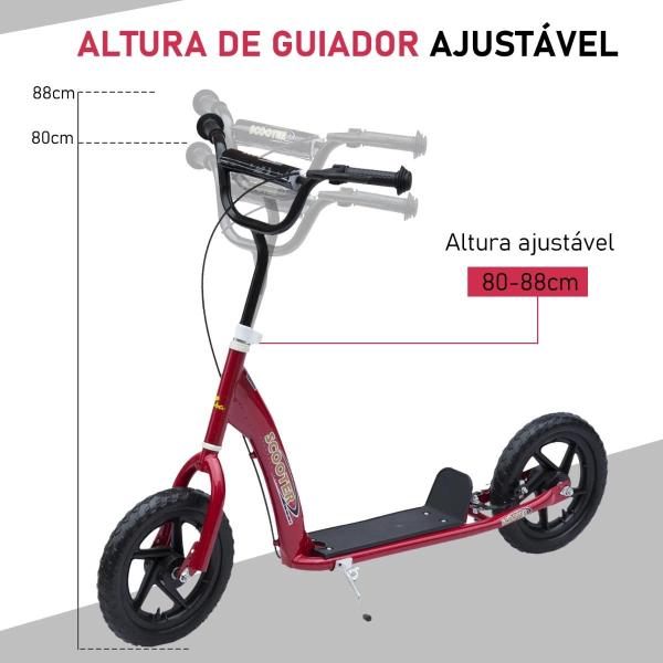Trotinete para Crianças acima de 5 anos Scooter de 2 Rodas Grandes de 12 Polegadas com Freio e Guidão Ajustável em Altura Carga Máx. 50kg 120x52x80 - 88cm Vermelho