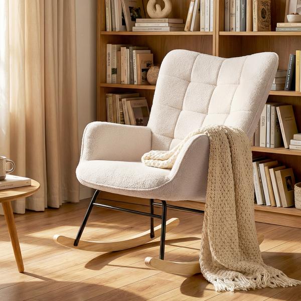 Poltrona Baloiço em Borrego com Oscilação de 40° Pés de Madeira de Faia e Estrutura de Aço 71x98x101 cm Bege