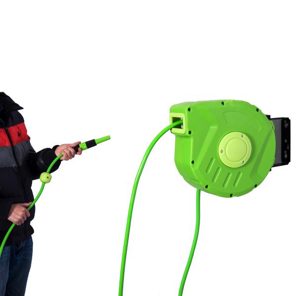 Carrete para Mangueira 10m+1m Enrolador de Mangueira Montado na Parede Enrolador Automático 180º Giratório 35,5x11,x5x27,5cm Verde