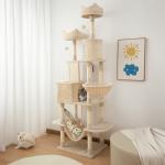 Arranhador para Gatos Grande Altura 173 cm Torre para Gatos com Plataformas Caverna Bolas Suspensa e Rede Bege