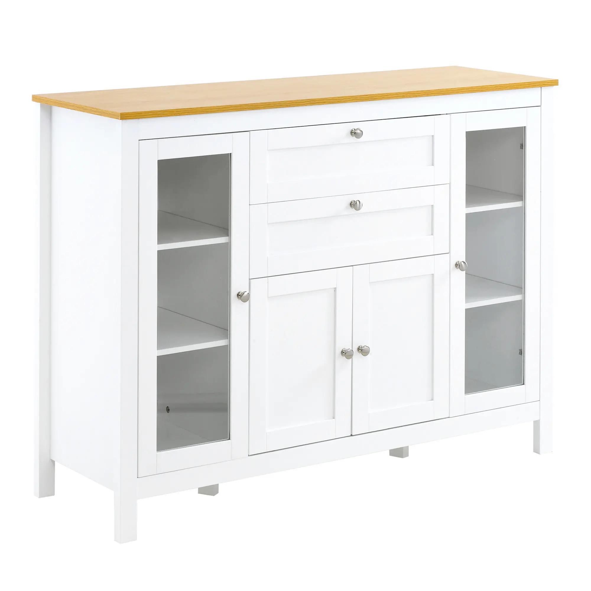 Aparador de Cozinha com Armário 2 Gavetas 2 Portas de Vidro e Prateleiras Ajustáveis Móvel Auxiliar de Armazenamento para Sala de Jantar Sala de Estar 120x40x90 cm Branco