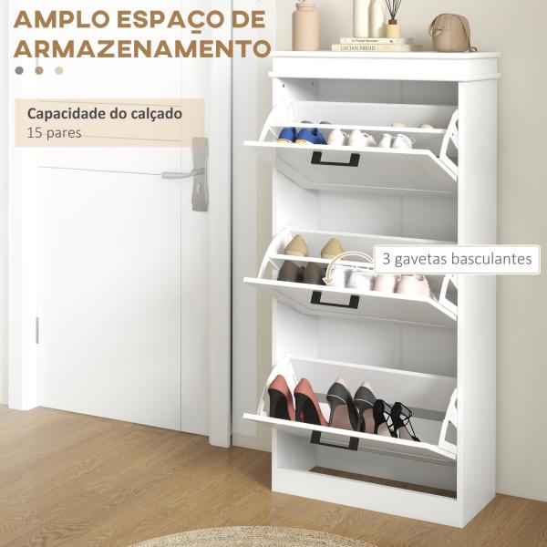 Sapateira Estreita com 3 Portas Basculantes e Prateleiras Ajustáveis para 15 Pares de Sapatos, Branco