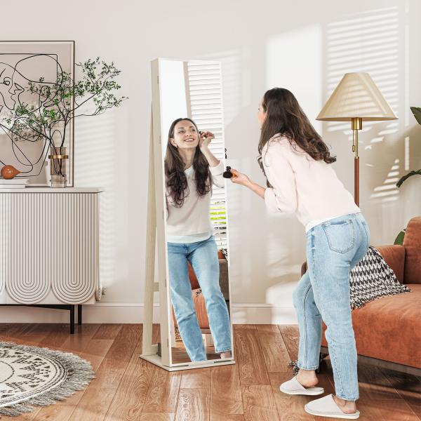Joalheiro de Pé Armário para Joias com 6 Luzes LED Fechadura Prateleiras Suportes para Anéis 38x38x157 cm Branco e Bege