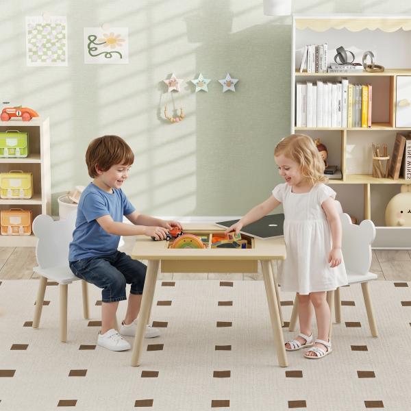 Conjunto de Mesa e 2 Cadeiras com Encosto em Forma de Ursinho e Compartimentos Ocultos Madeira e Branco