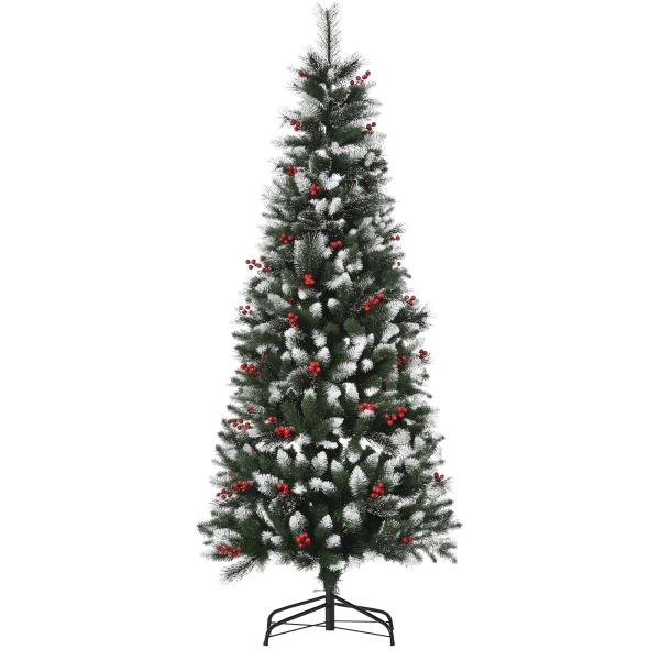 Árvore de Natal Artificial 180cm Ignífugo com 539 Ramos 51 Bagas Folhas de PVC Base Dobrável e Suporte Metálico Verde