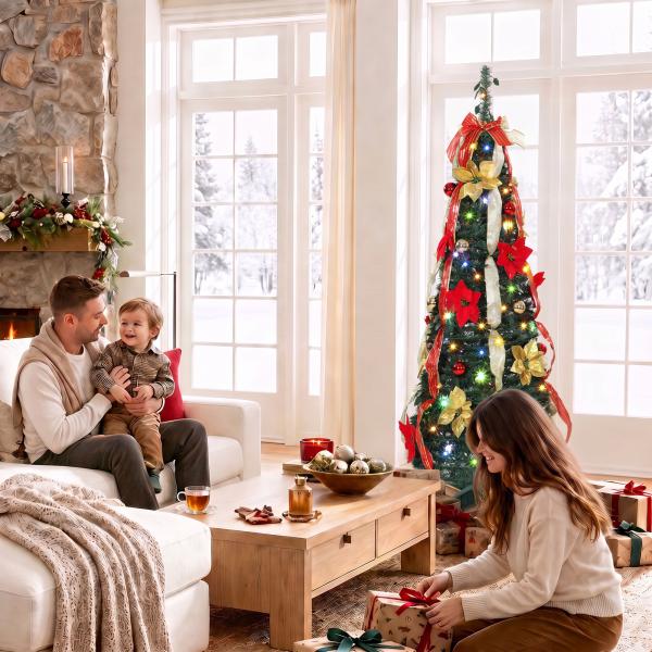 Árvore de Natal Desdobrável 150 cm com 70 Luzes LED, 11 Modos, Comando à Distância e Decoração Incluída, Verde