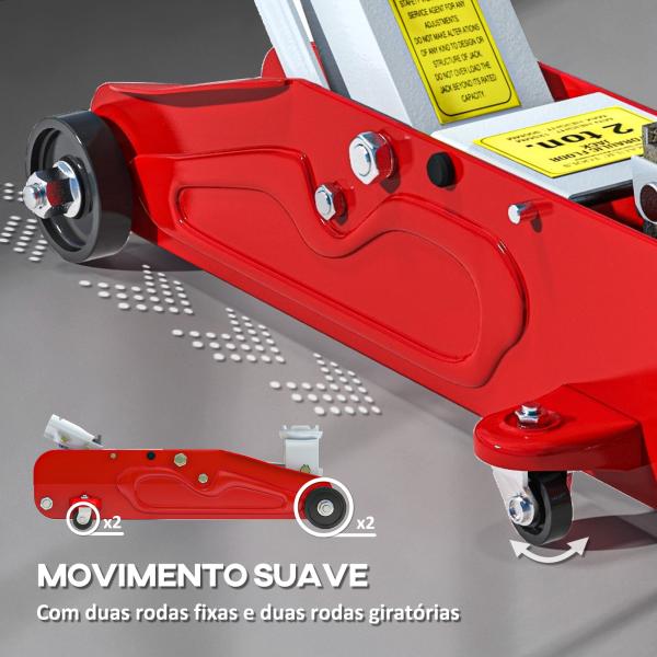 Macaco Hidráulico para Carros de 2 Toneladas com Altura Ajustável 12 - 30 cm e 4 Rodas para Apoiar Carros Vermelho e Cinza