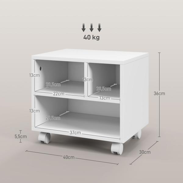 Móvel para Impressora com Rodas Suporte para Impressora com Compartimentos Abertos para Escritório Estúdio 40x30x36 cm Branco