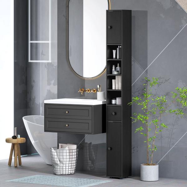 Coluna Casa de Banho Estreita com 1 Gaveta 4 Prateleiras Abertas e Prateleiras Ajustáveis 20x20x180 cm Preto