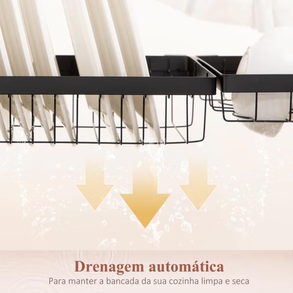 Escorredor de Louça de Aço de 2 Níveis com Prateleira para Pratos Suporte para Facas e Talheres 100x30x52,5cm Preto