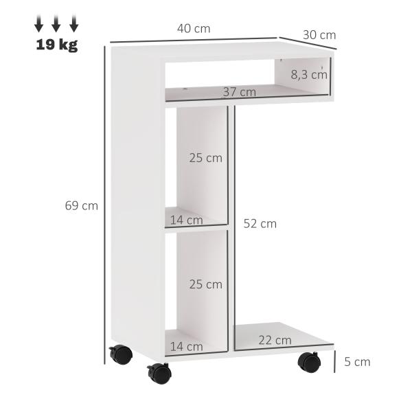Mesa Auxiliar em Forma de C Mesa Auxiliar para Sofá com Rodas Compartimentos Abertos 40x30x69 cm Branco