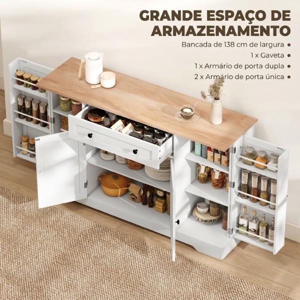 Aparador de Cozinha com Gaveta, Prateleiras nas Portas Prateleiras Ajustáveis Bar de Café 138x40x83,5 cm Branco